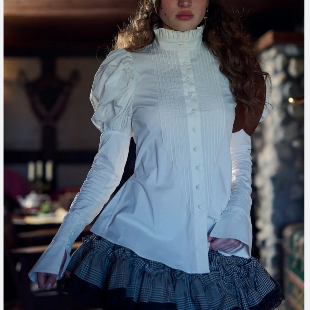 Ivory Galileo Blouse (Victorian-Inspired White Ruffle High-Neck)